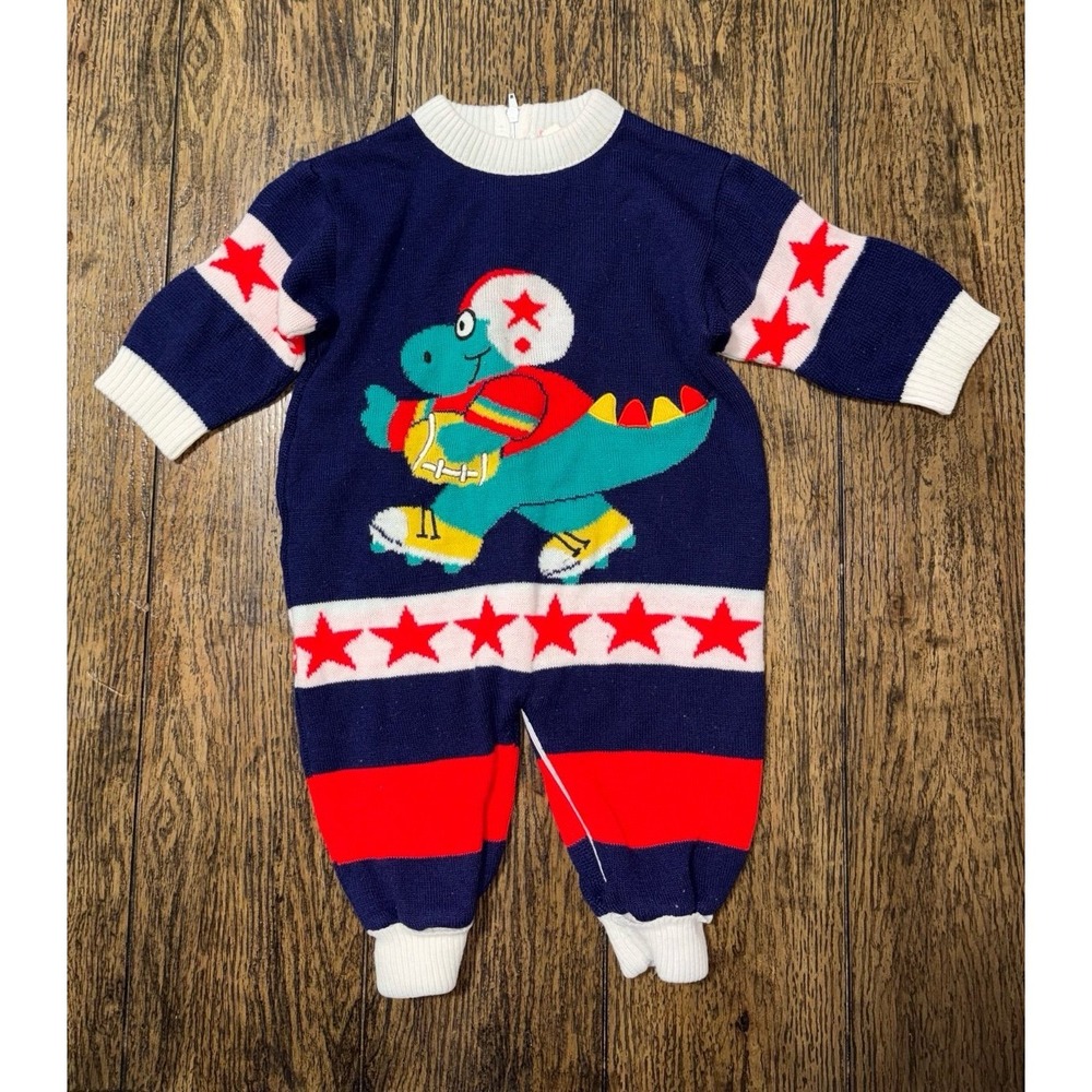 Vintage dinosaur football romper knit acrylic 6/9 months